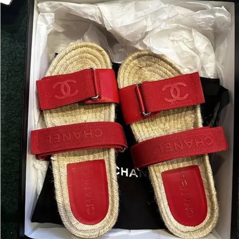 CHANEL Red Slide Sandals